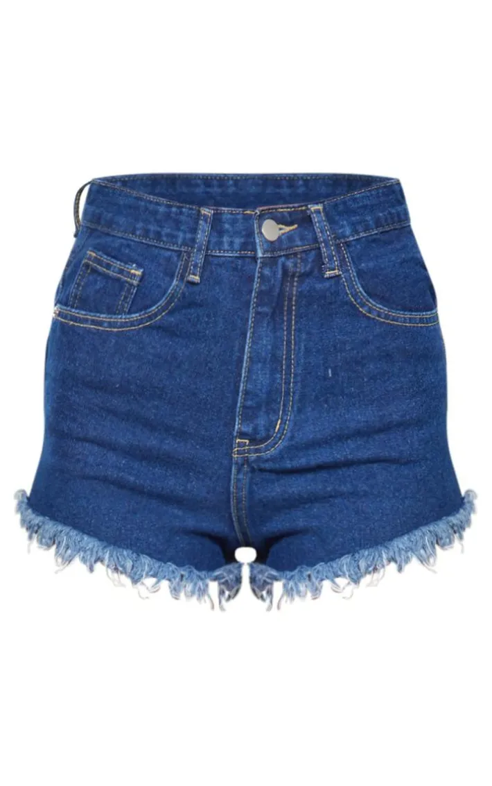 PRETTYLITTLETHING Dark Blue Wash Frayed Hem Denim Shorts