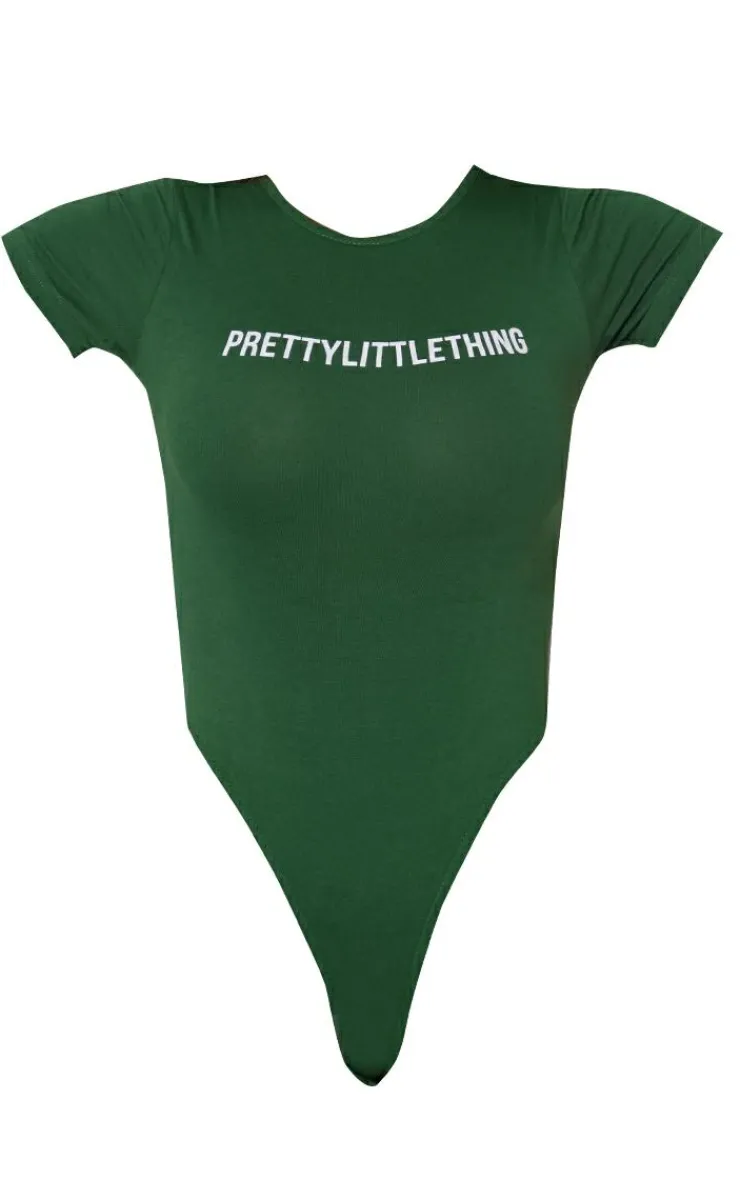 Best PrettyLittleThing Logo Short Sleeved Bodysuit Forest Green