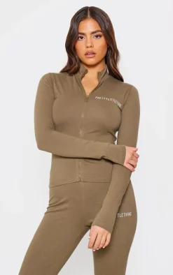 Clearance PrettyLittleThing Jersey Zip Through Long Sleeve Top Khaki