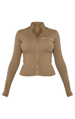 Clearance PrettyLittleThing Jersey Zip Through Long Sleeve Top Khaki