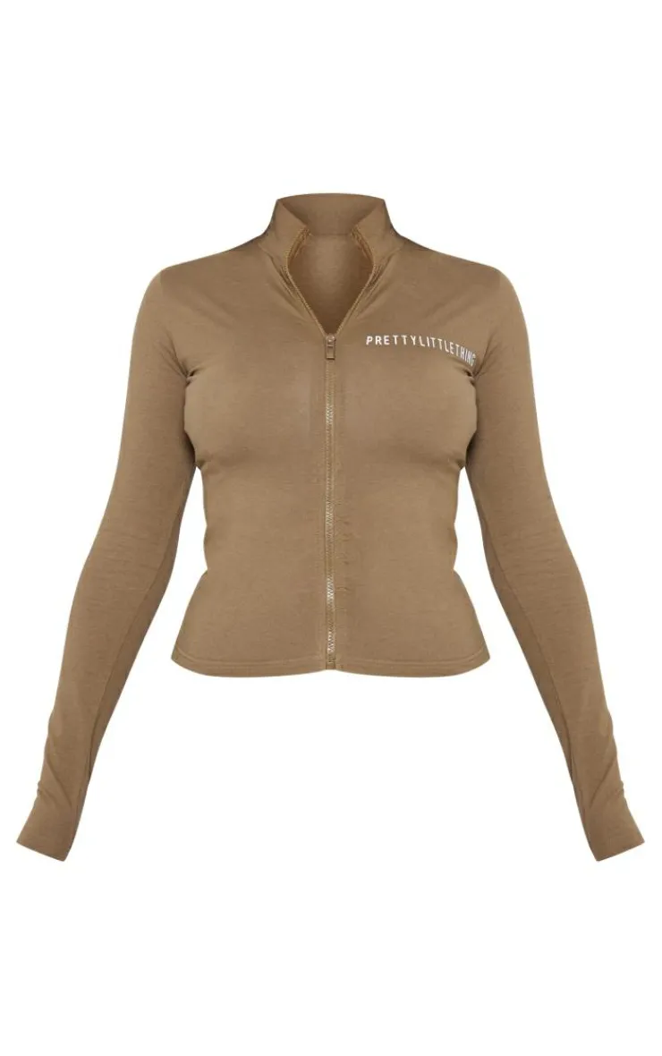 Clearance PrettyLittleThing Jersey Zip Through Long Sleeve Top Khaki