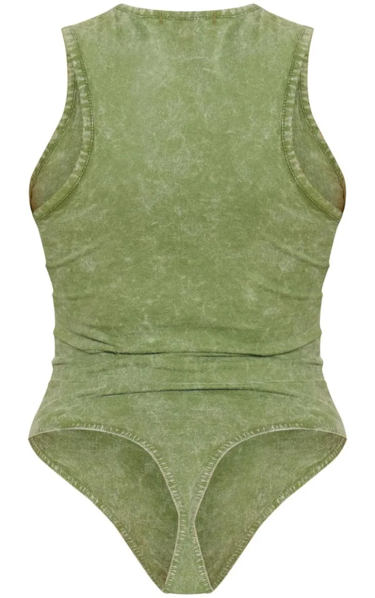 Online PrettyLittleThing Wash Racer Bodysuit Khaki
