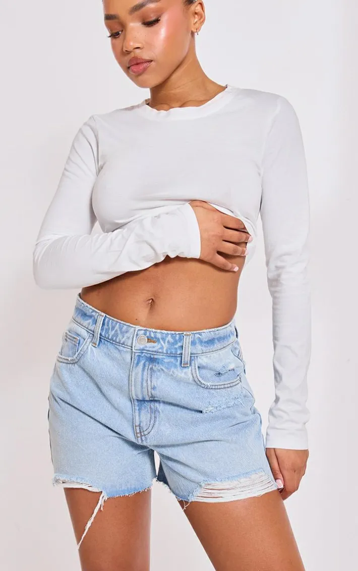 PRETTYLITTLETHING Light Blue Distressed High Rise Mom Denim Shorts
