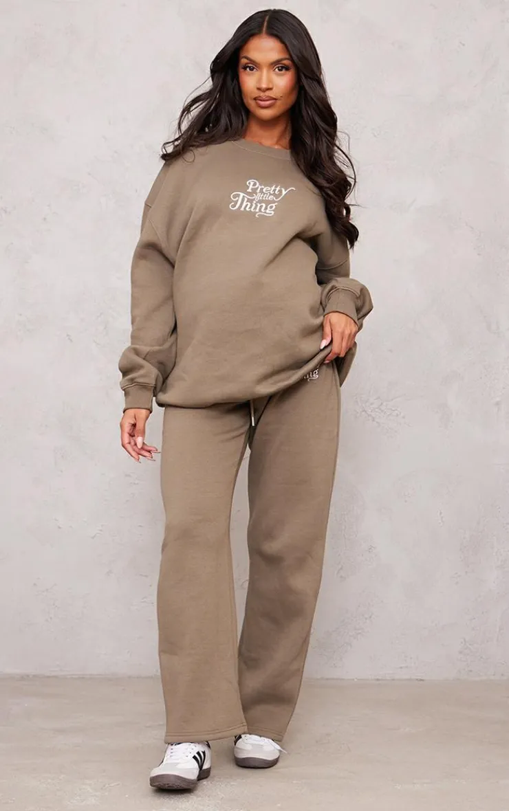 Outlet PrettyLittleThing Maternity Embroidered Wide Leg Sweatpants Khaki