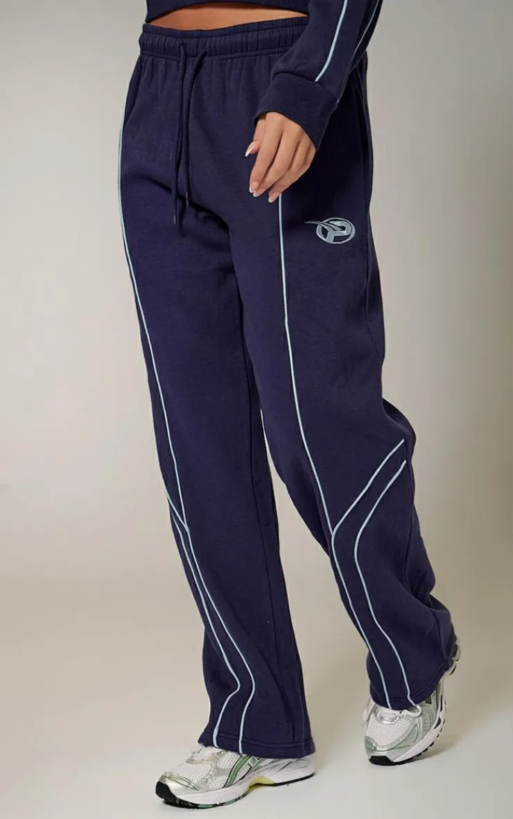 Outlet PrettyLittleThing Embroidered Contrast Piping Straight Leg Sweatpants Navy