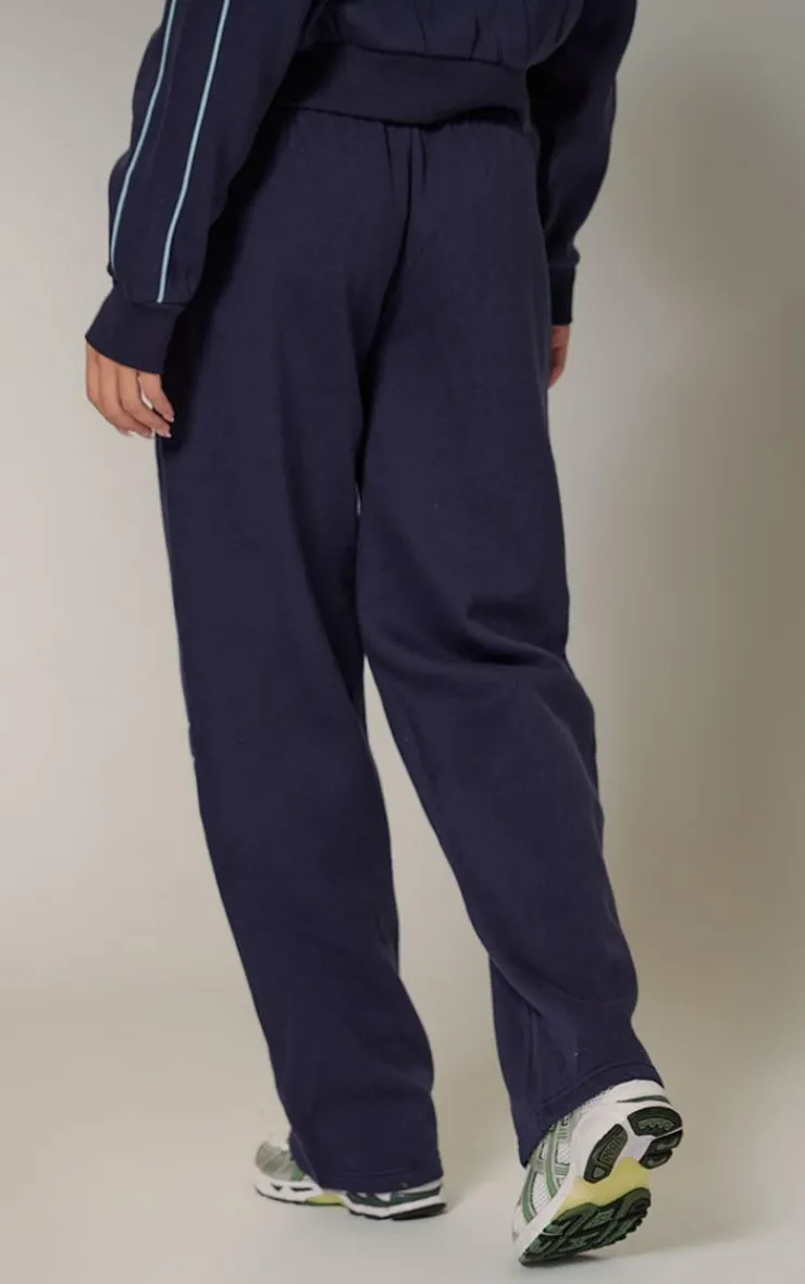 Outlet PrettyLittleThing Embroidered Contrast Piping Straight Leg Sweatpants Navy