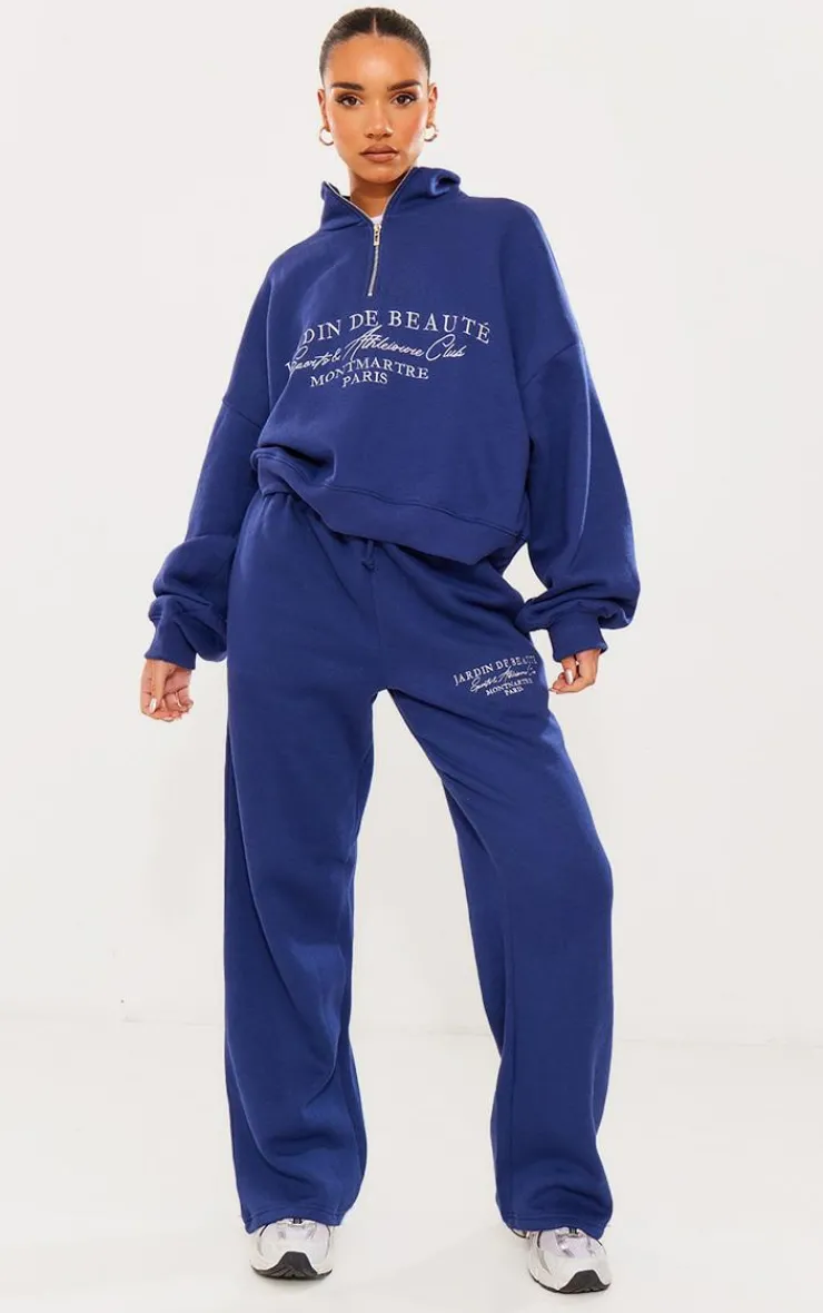 New PrettyLittleThing Logo Embroidered Wide Leg Sweatpants Navy
