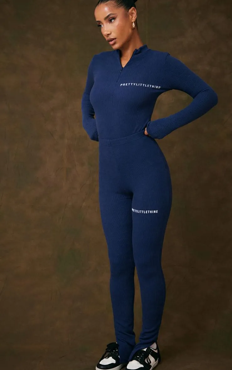 New PrettyLittleThing Rib Half Zip Bodysuit Navy