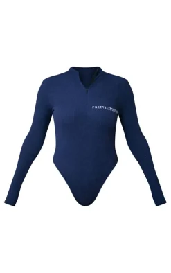 New PrettyLittleThing Rib Half Zip Bodysuit Navy