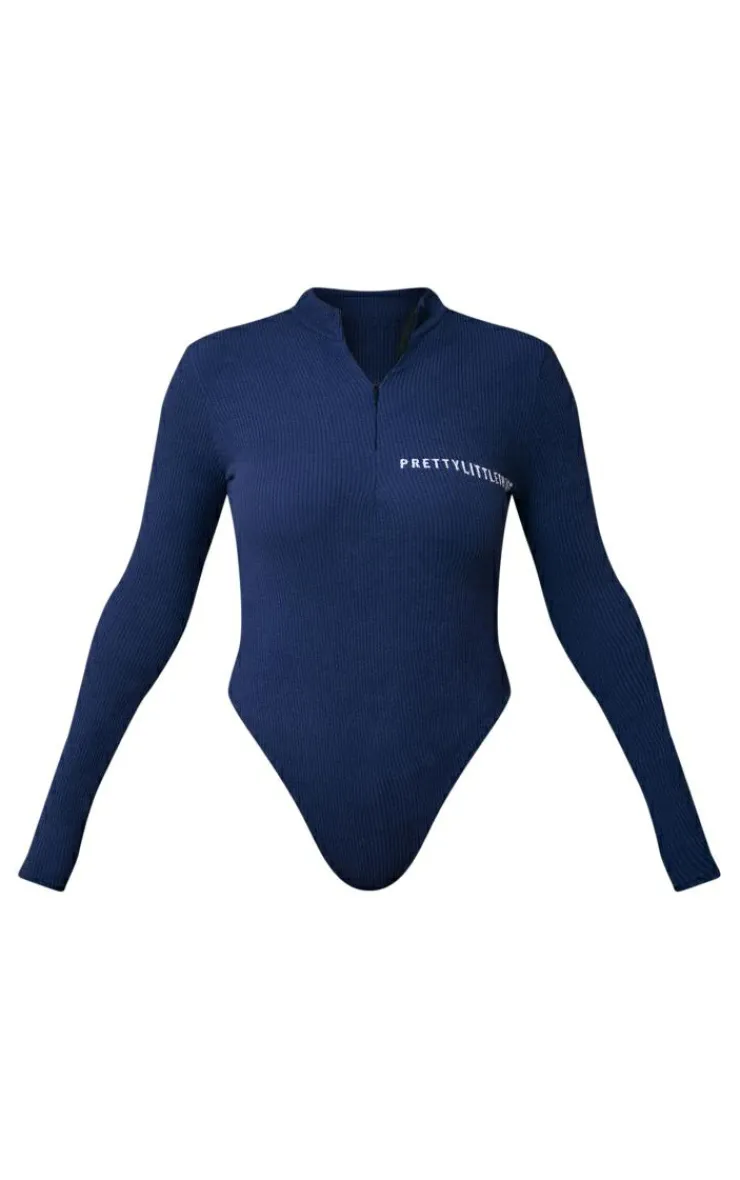 New PrettyLittleThing Rib Half Zip Bodysuit Navy