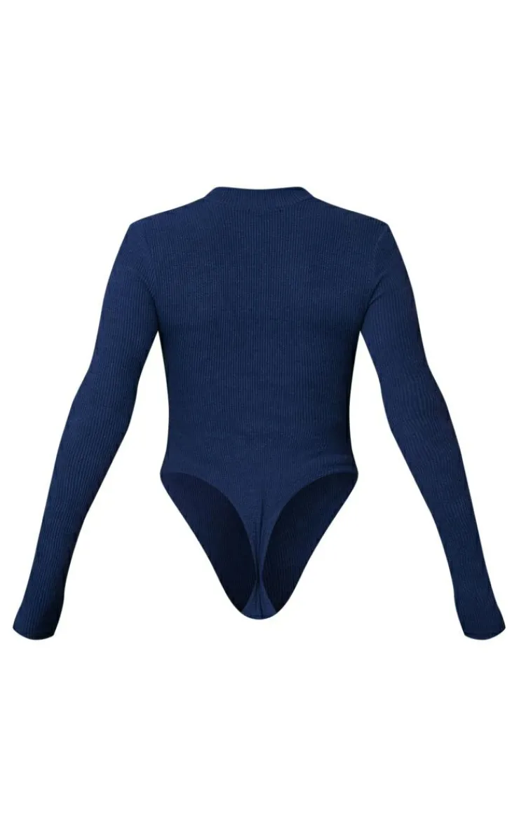 New PrettyLittleThing Rib Half Zip Bodysuit Navy