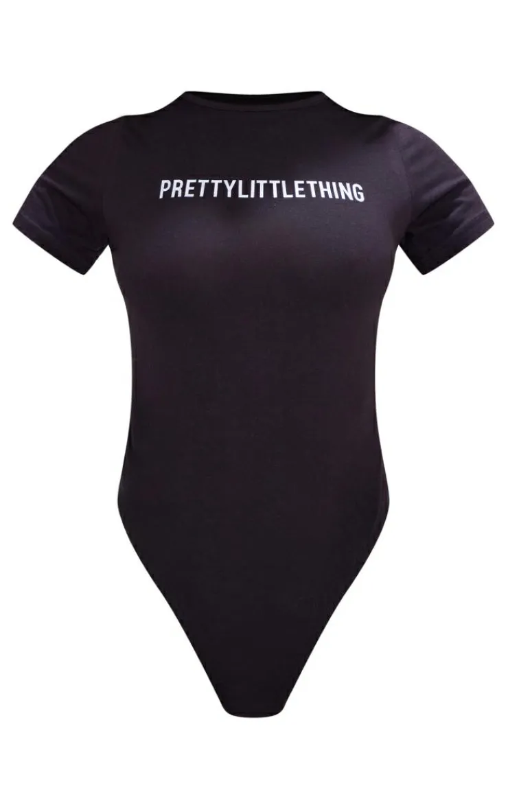 Hot PrettyLittleThing Petite Logo Short Sleeve Bodysuit Black