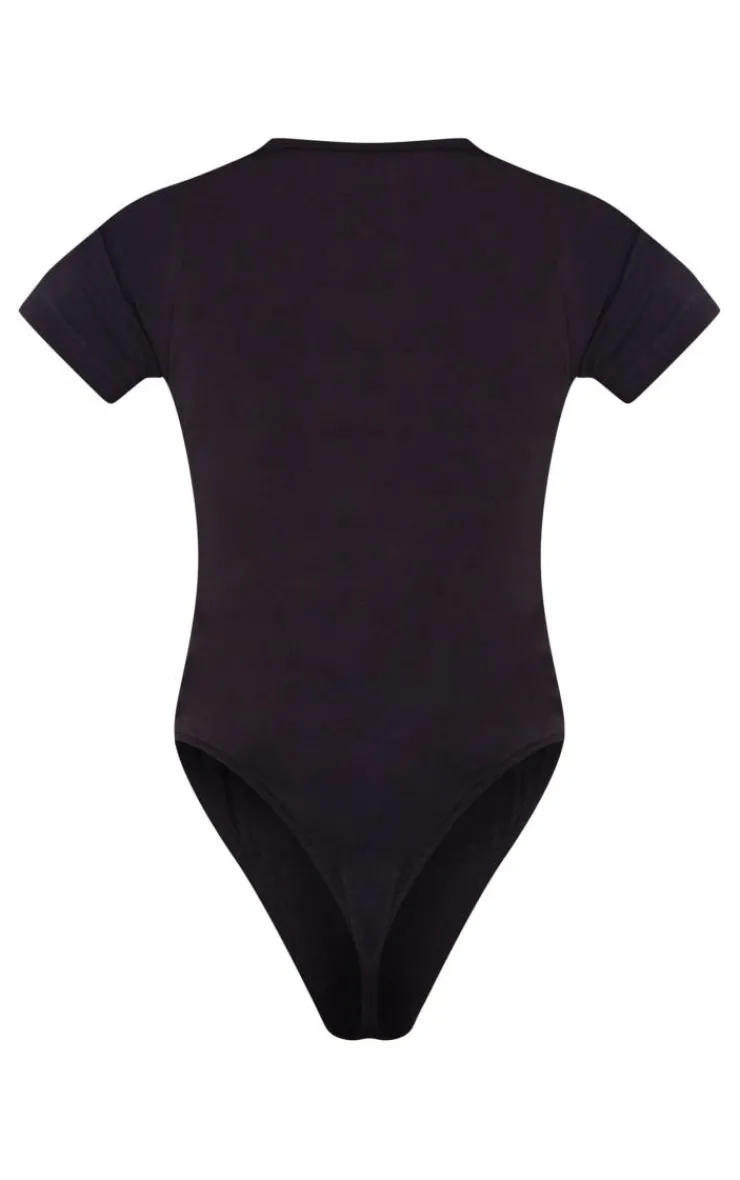 Hot PrettyLittleThing Petite Logo Short Sleeve Bodysuit Black