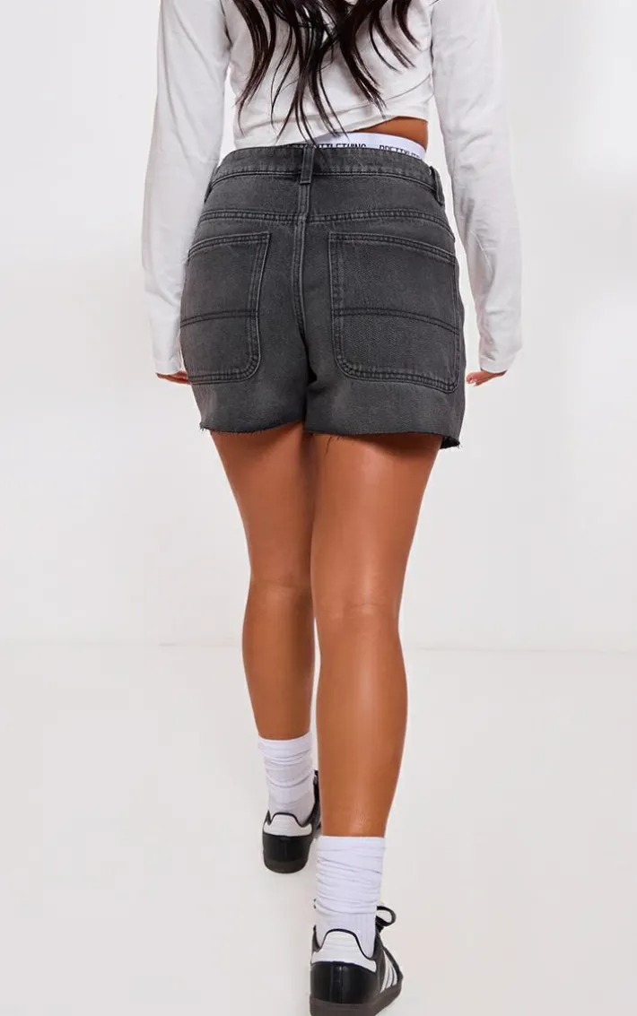 PRETTYLITTLETHING Petite Washed Black Raw Hem Boyfriend Denim Shorts