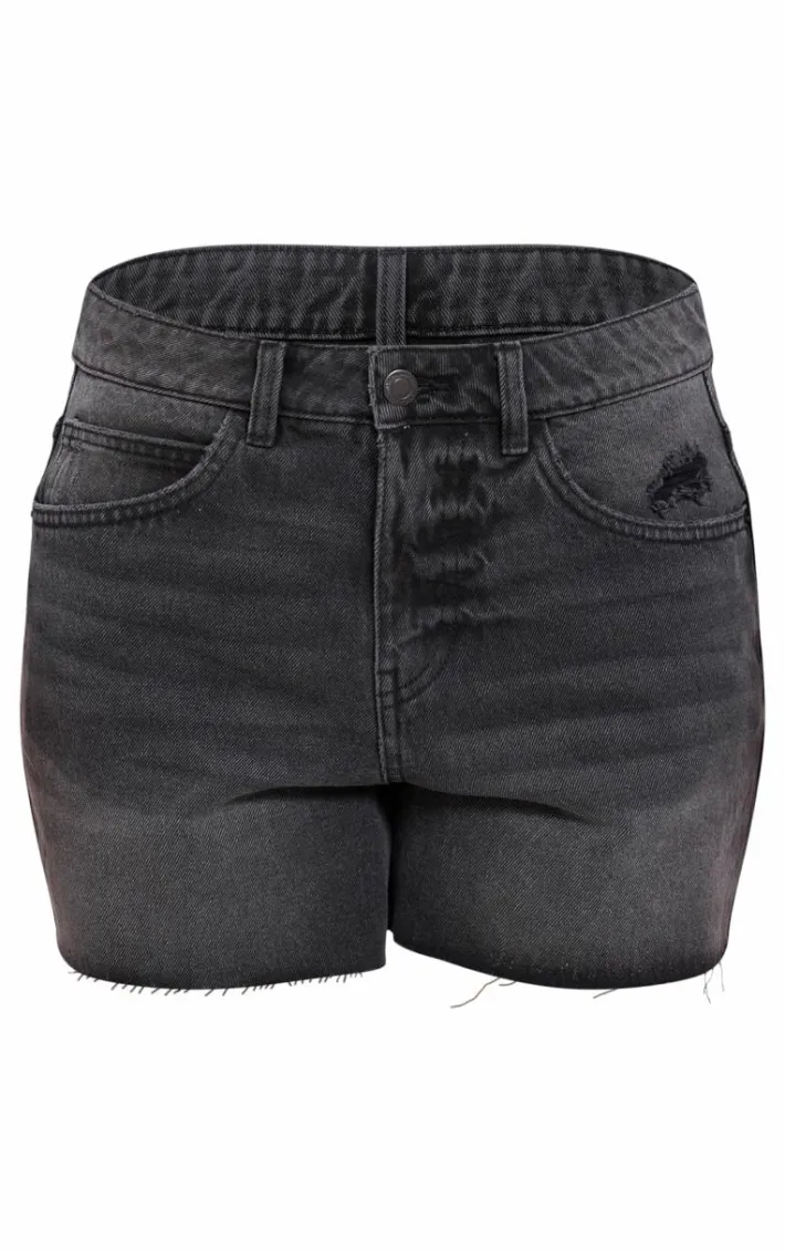 PRETTYLITTLETHING Petite Washed Black Raw Hem Boyfriend Denim Shorts