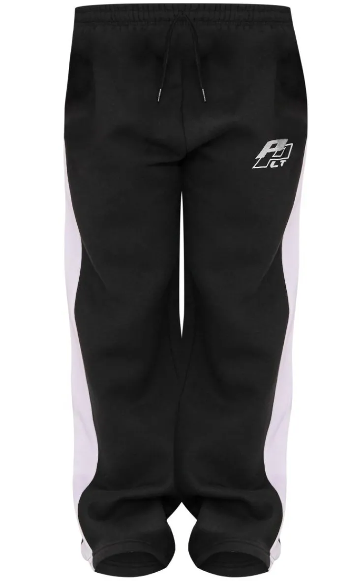 PrettyLittleThing Black Sweatsuits*Petite Embroidered Side Panel Detail Straight Leg Sweatpants