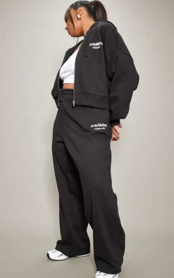 Hot PrettyLittleThing Plus Printed Premium Wide Leg Sweatpants Black