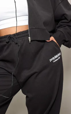 Hot PrettyLittleThing Plus Printed Premium Wide Leg Sweatpants Black