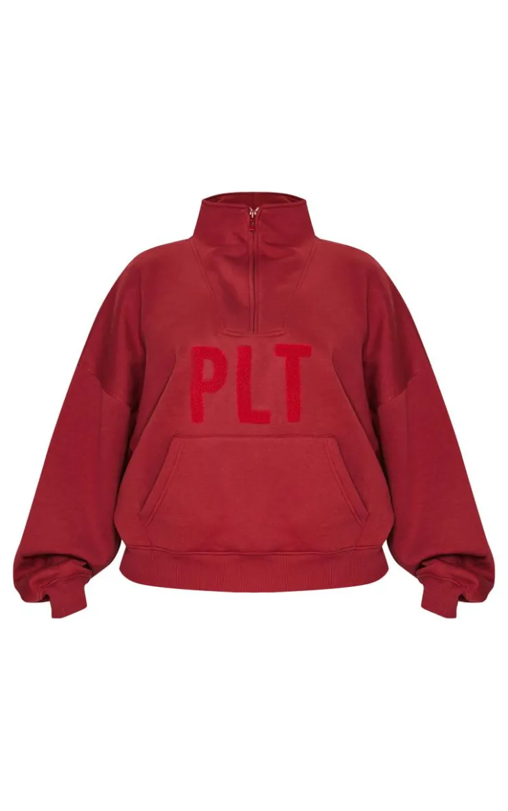 Outlet PrettyLittleThing Plus Borg Applique Quarter Zip Sweatshirt Dark Red