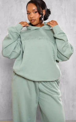 Outlet PrettyLittleThing Plus Sage Athletics Club Embossed Oversized Hoodie Sage Green
