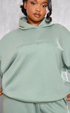 Outlet PrettyLittleThing Plus Sage Athletics Club Embossed Oversized Hoodie Sage Green