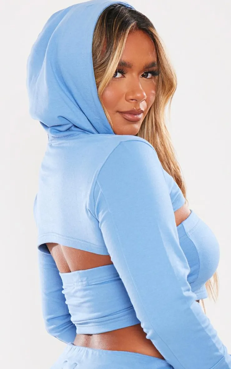 New PrettyLittleThing Shape Soft Cotton Extreme Cropped Hoodie Blue