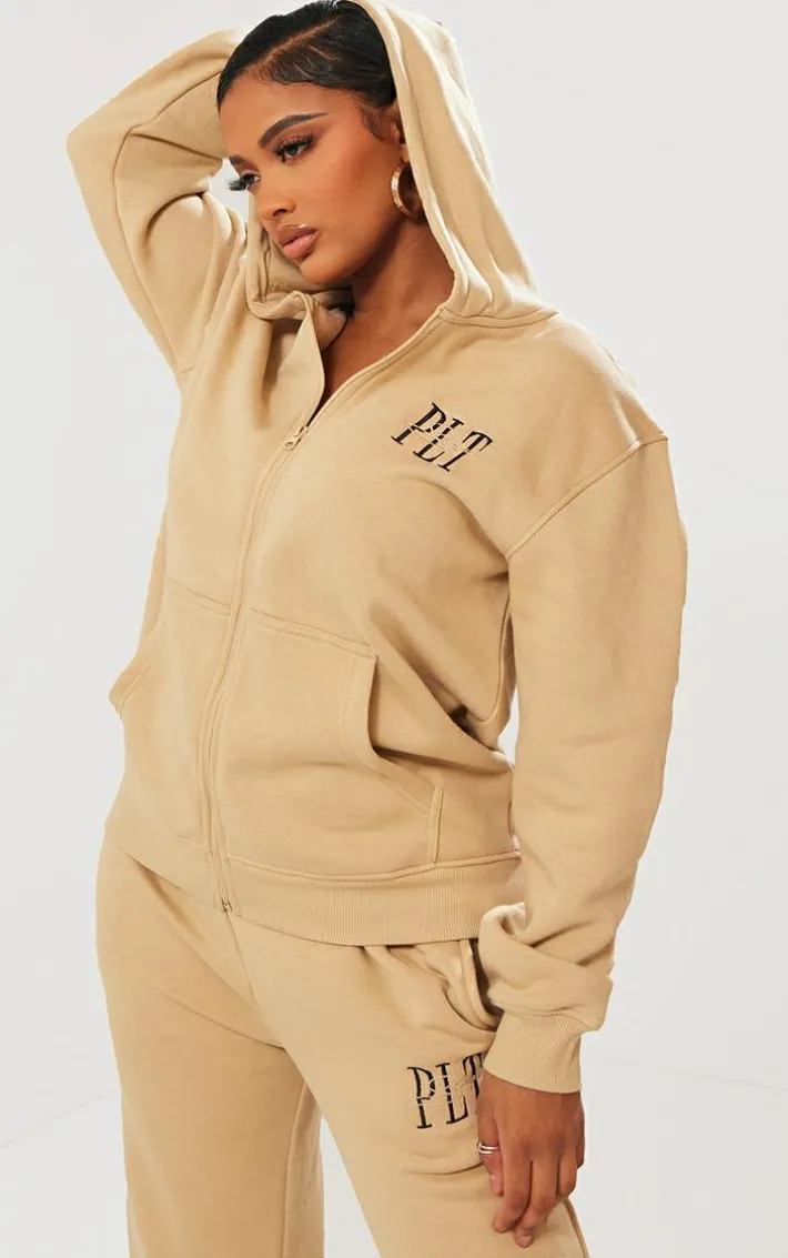 PRETTYLITTLETHING Shape Oatmeal Embroidered Zip Through Hoodie