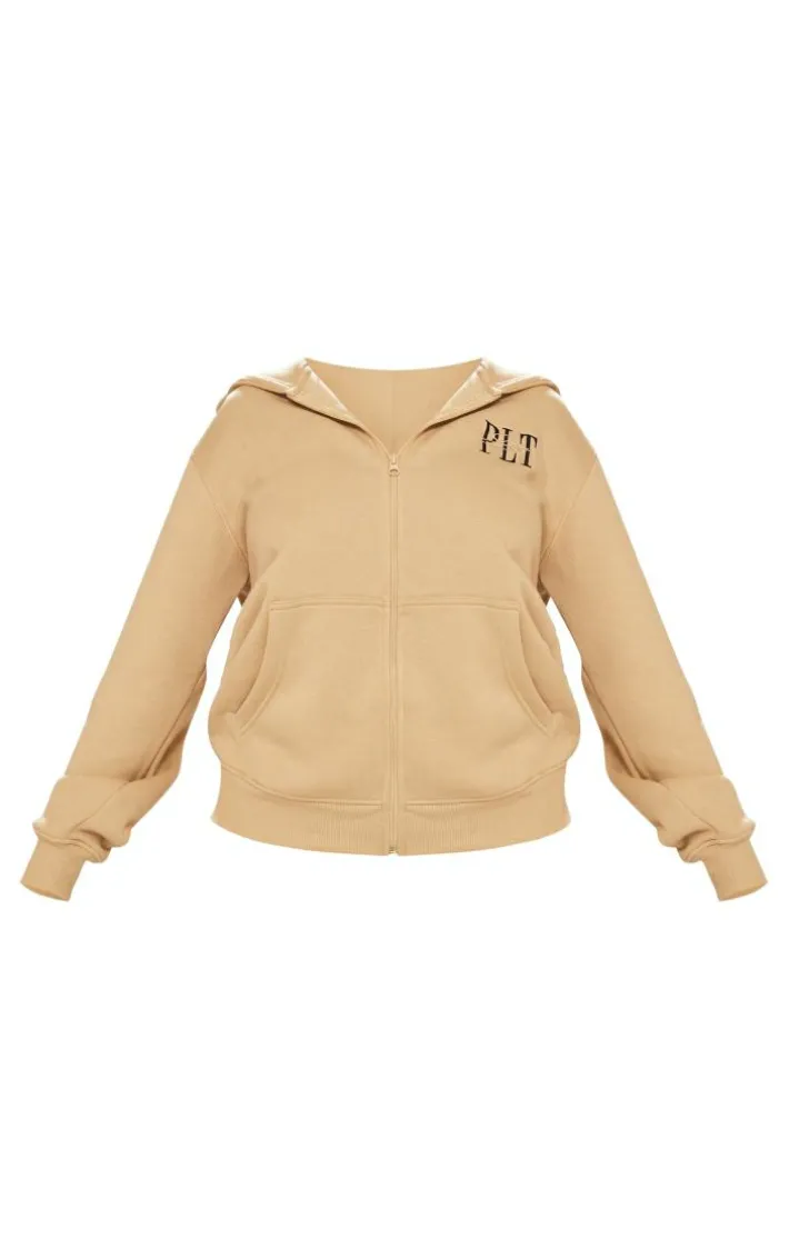 PRETTYLITTLETHING Shape Oatmeal Embroidered Zip Through Hoodie