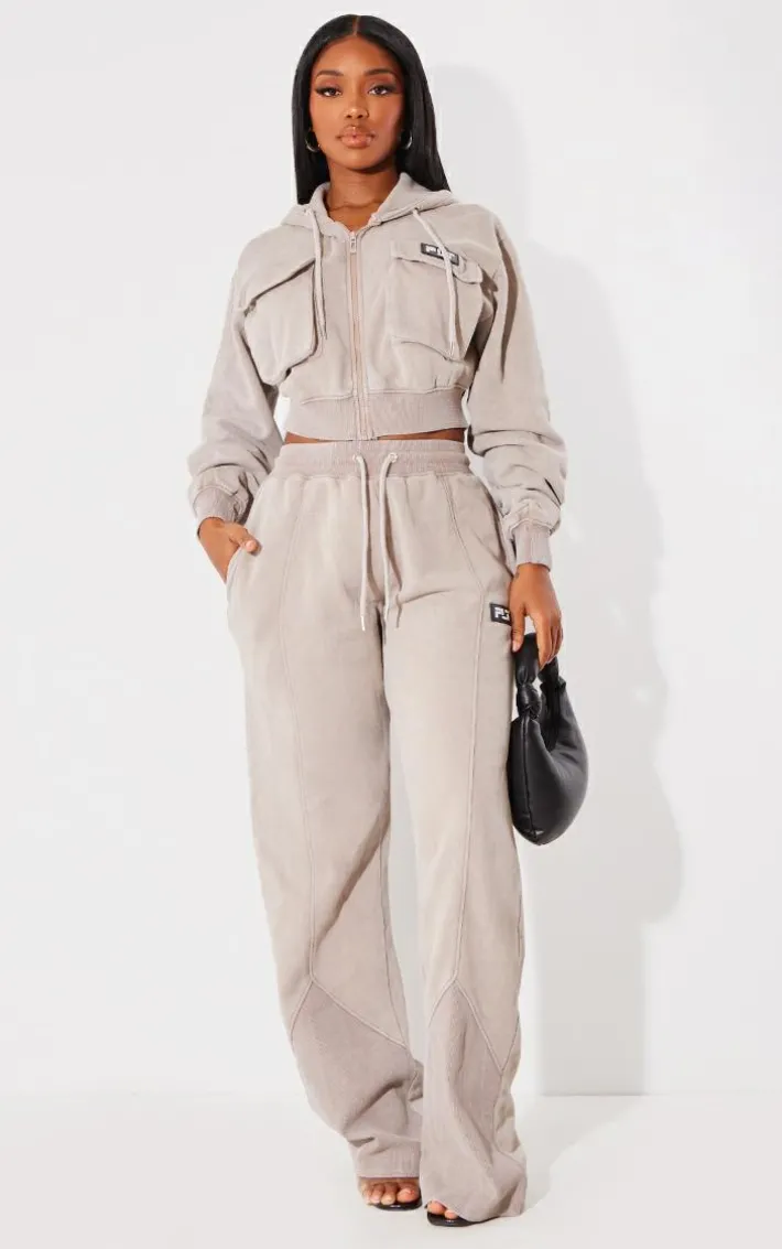 PRETTYLITTLETHING Shape Taupe Washed Wide Leg Sweatpants