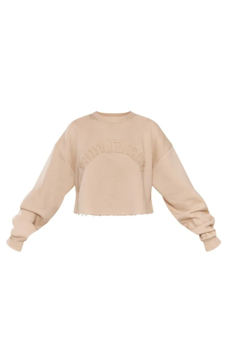 Outlet PrettyLittleThing Tall Distressed Varsity Cropped Sweatshirt Stone