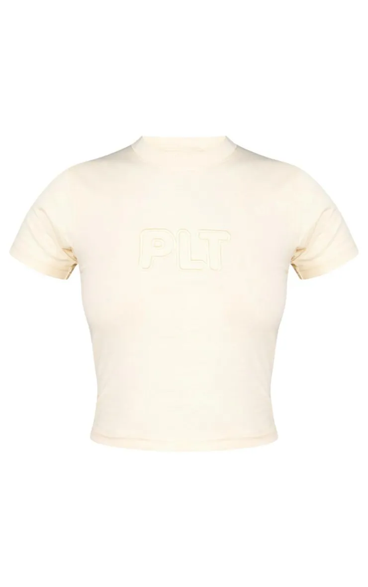 New PrettyLittleThing Tall Embroidered Fitted T Shirt Stone