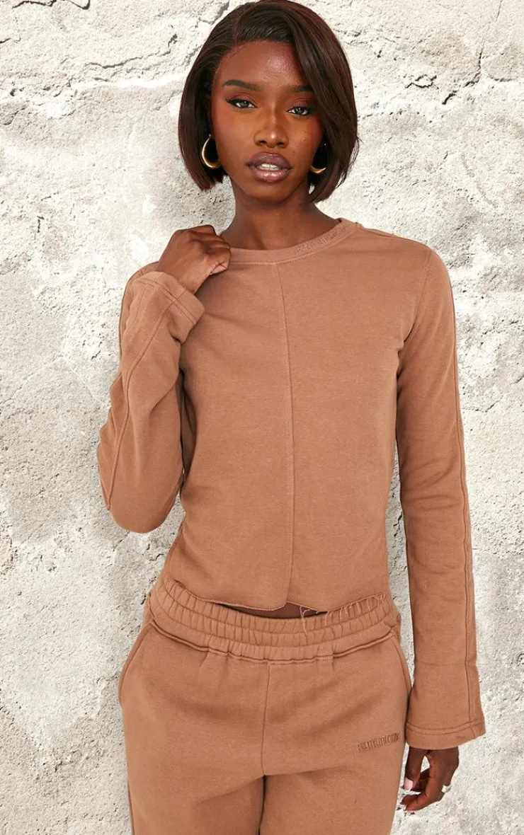 Outlet PrettyLittleThing Tall Embroidered Raw Hem Seam Detail Fitted Top Taupe