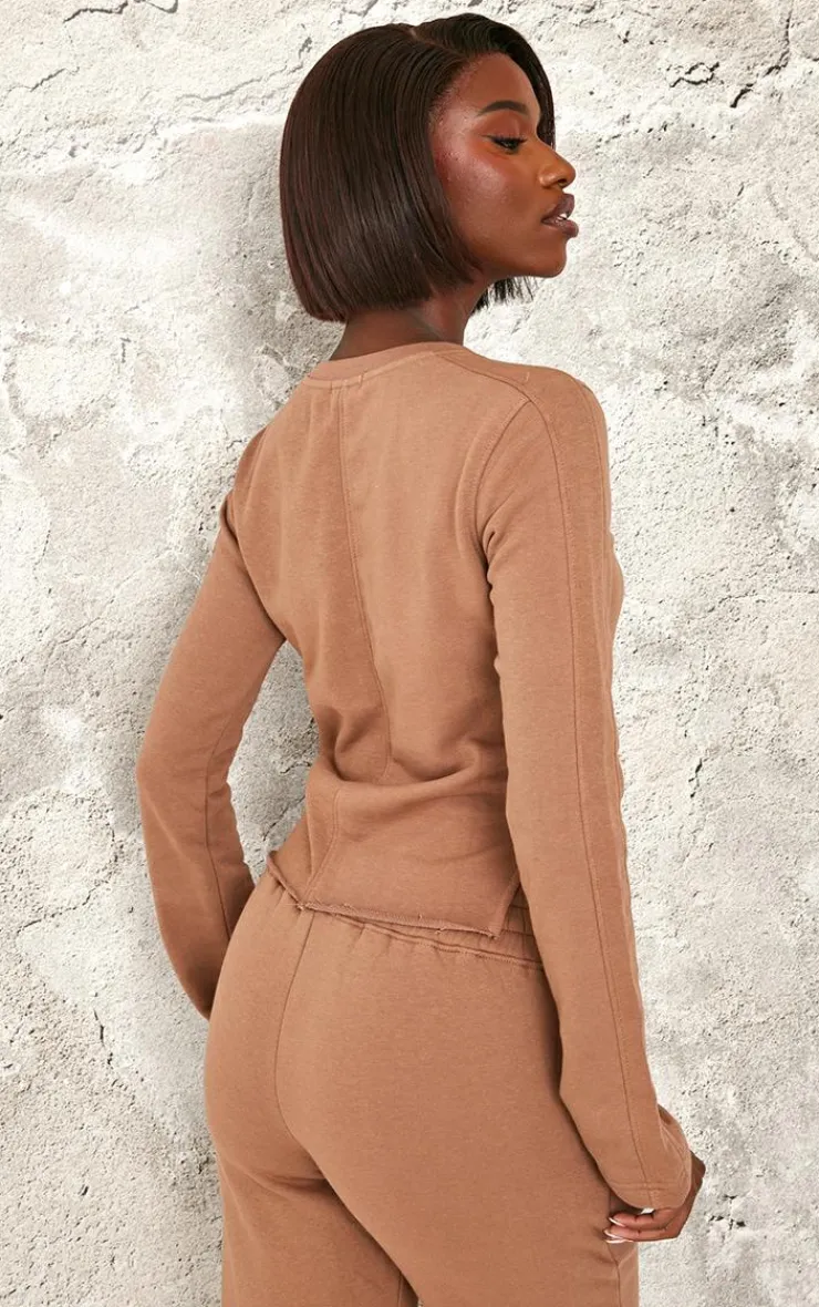 Outlet PrettyLittleThing Tall Embroidered Raw Hem Seam Detail Fitted Top Taupe