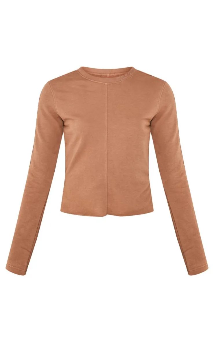 Outlet PrettyLittleThing Tall Embroidered Raw Hem Seam Detail Fitted Top Taupe