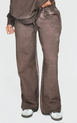 PRETTYLITTLETHING Washed Brown Premium Embossed Wide Leg Sweatpants