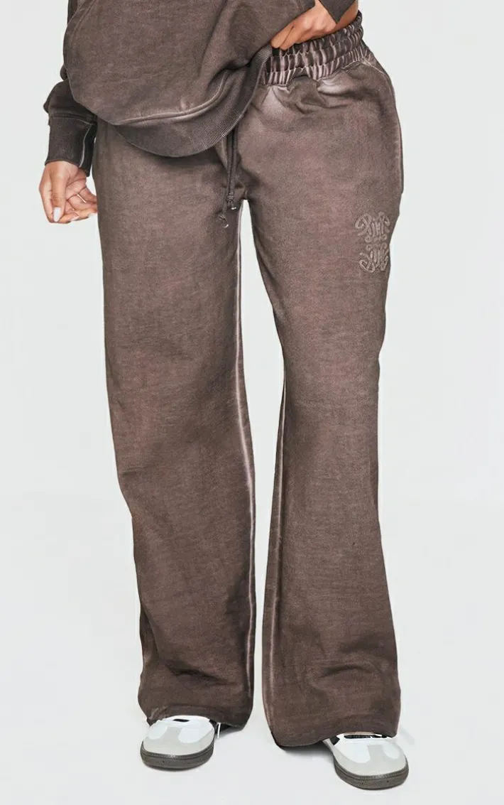 PRETTYLITTLETHING Washed Brown Premium Embossed Wide Leg Sweatpants