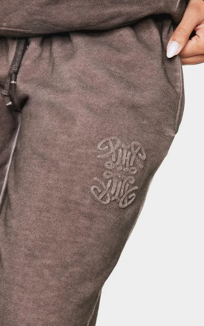 PRETTYLITTLETHING Washed Brown Premium Embossed Wide Leg Sweatpants