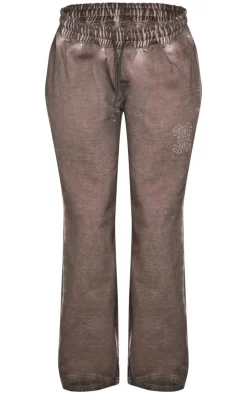 PRETTYLITTLETHING Washed Brown Premium Embossed Wide Leg Sweatpants
