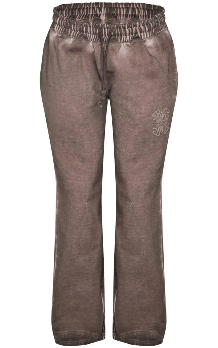 PRETTYLITTLETHING Washed Brown Premium Embossed Wide Leg Sweatpants