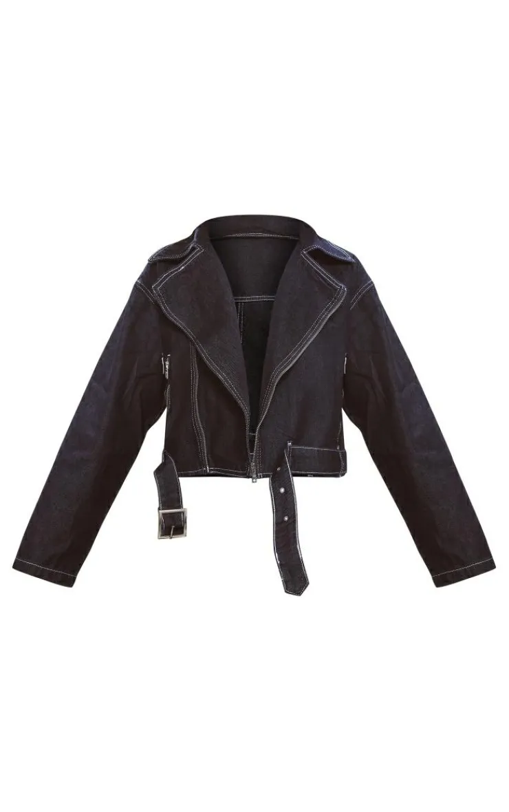 Discount PrettyLittleThing Biker Detail Oversized Denim Jacket Raw Indigo Wash