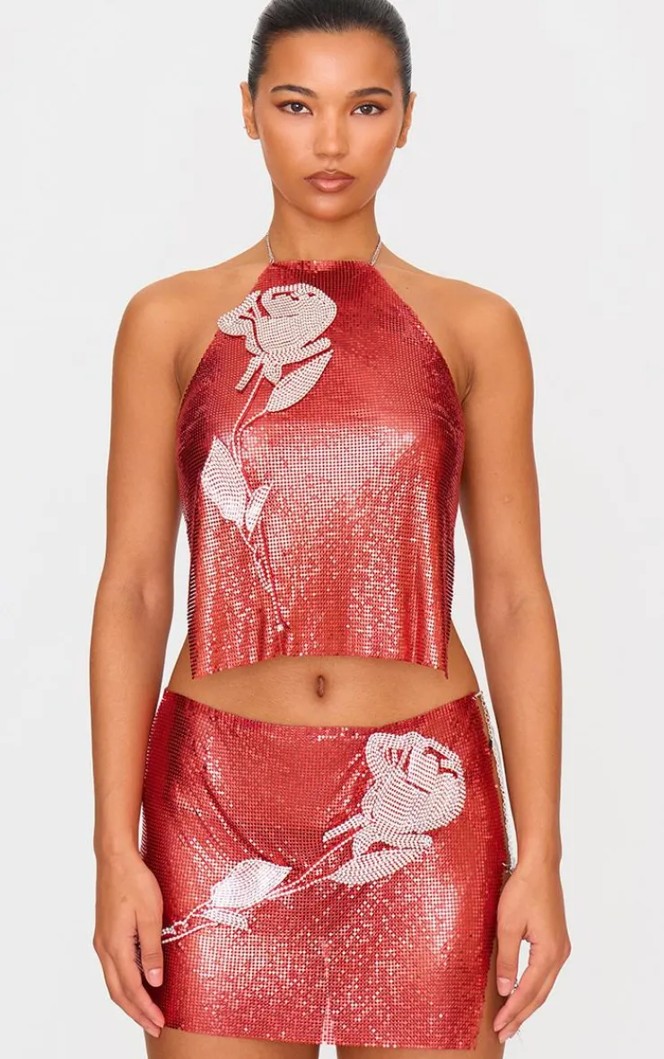 PrettyLittleThing Chain Mail Rose Diamante Top Red