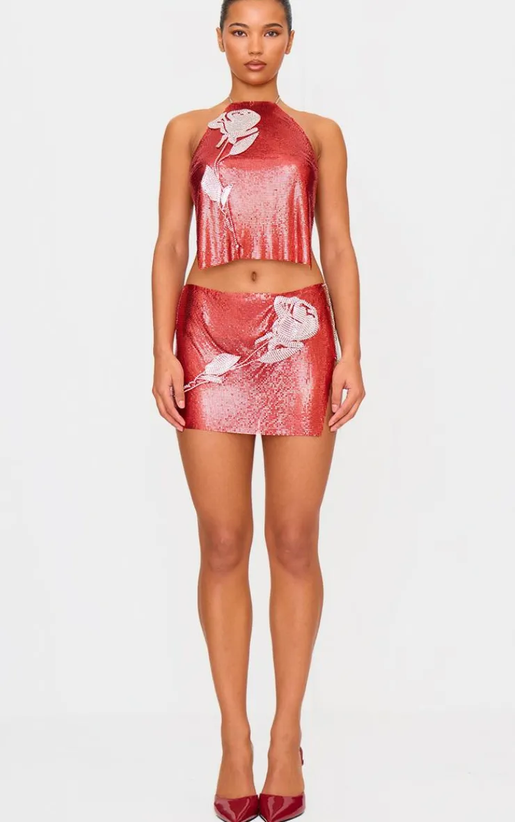 PrettyLittleThing Chain Mail Rose Diamante Top Red