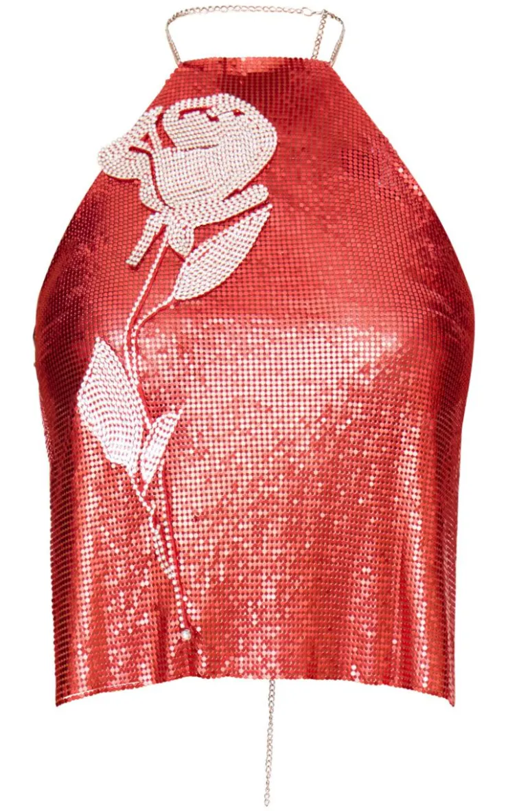 PrettyLittleThing Chain Mail Rose Diamante Top Red