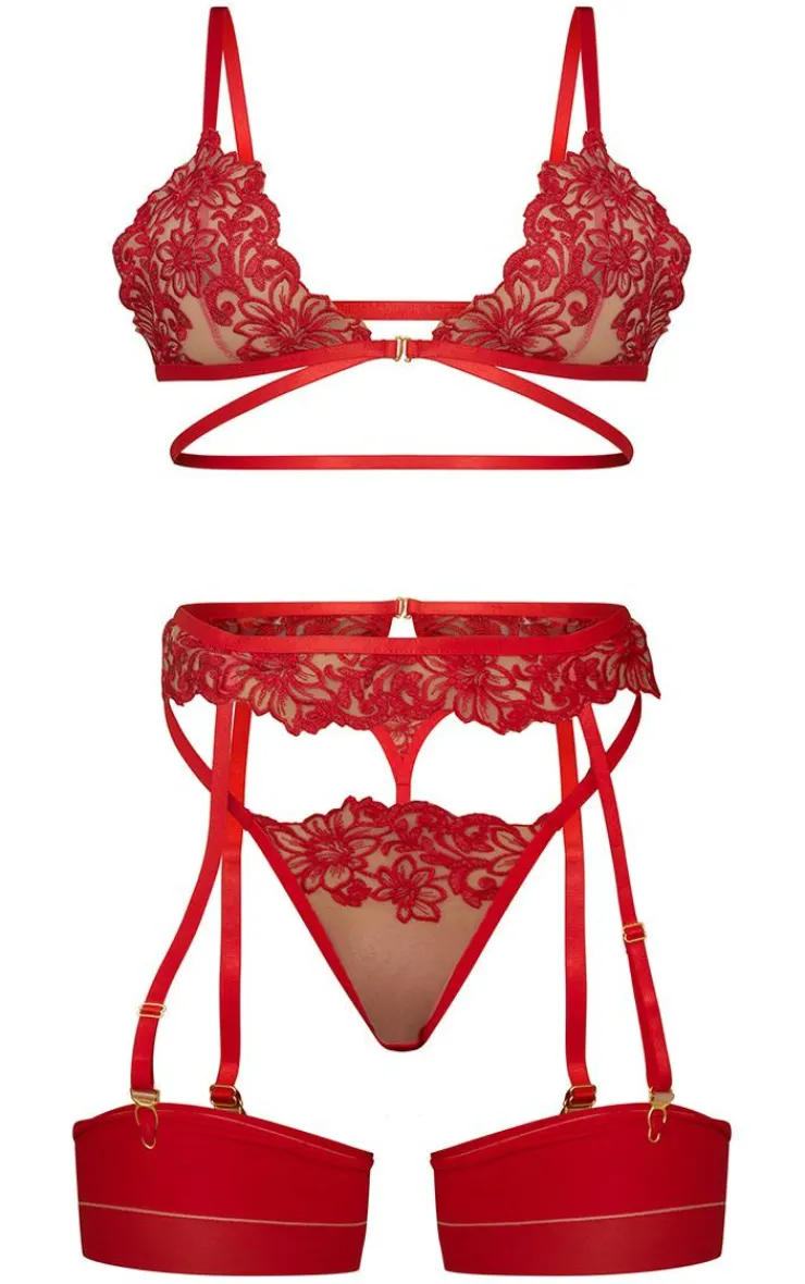 Floral Embroide Lace Strapping Detail 3 Piece Lingerie Set-PrettyLittleThing Clearance