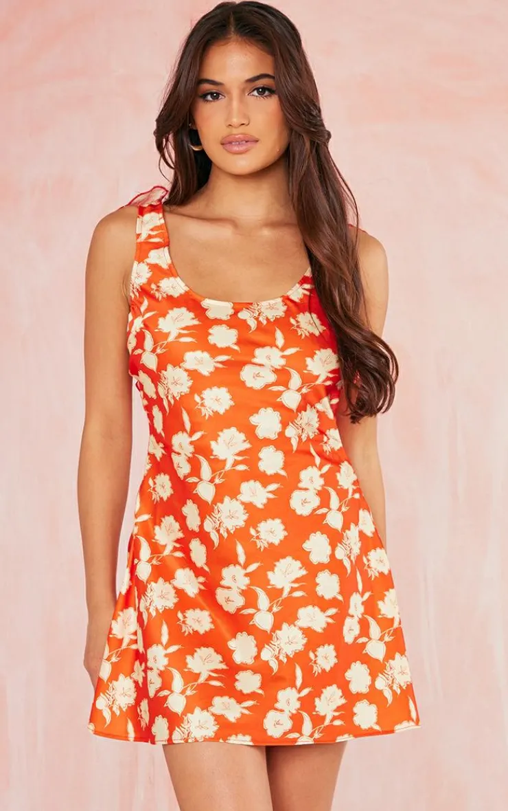Floral Print Satin Frill Detail Low Back Shift Dress-PrettyLittleThing Outlet
