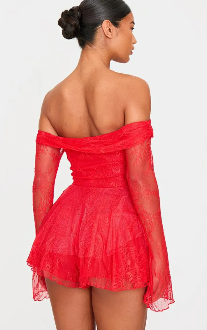 Red Lace Bardot Tie Front Romper