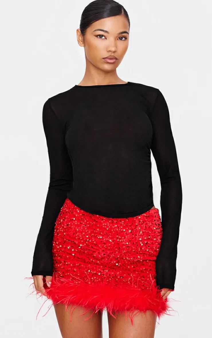 Premium Velvet Sequin Feather Hem Mini Skirt-PrettyLittleThing Sale