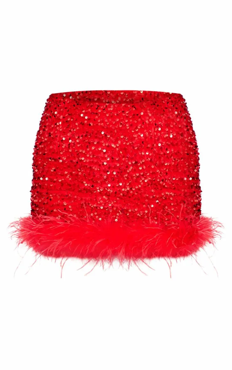 Premium Velvet Sequin Feather Hem Mini Skirt-PrettyLittleThing Sale