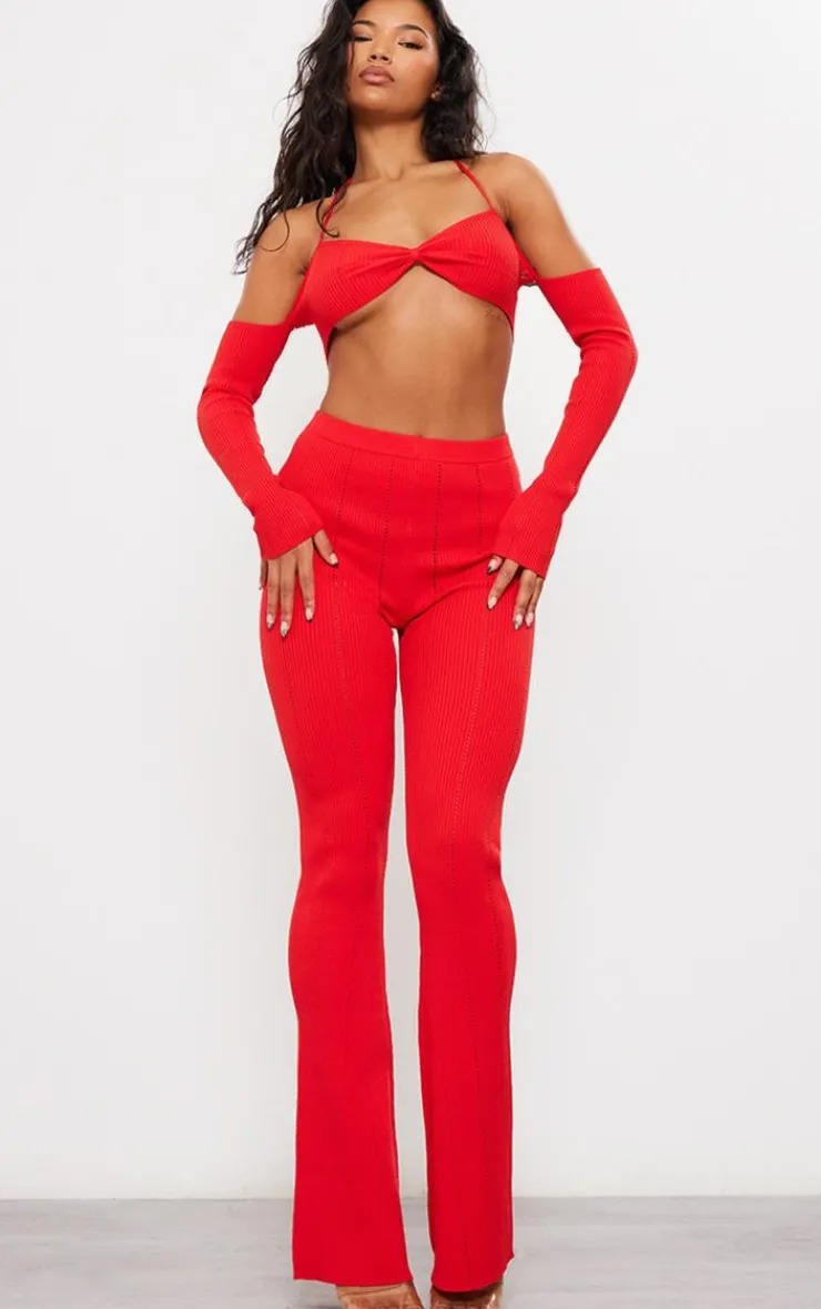 Discount PrettyLittleThing Rib Knit Fla Pants Red