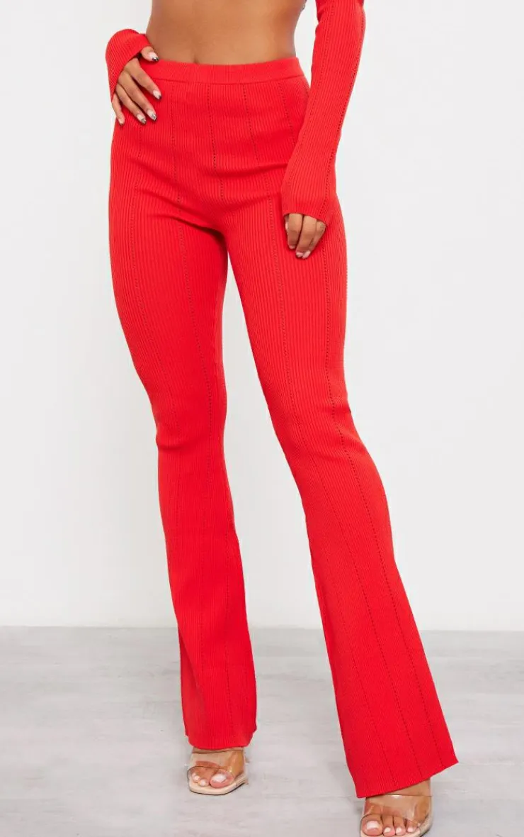 Discount PrettyLittleThing Rib Knit Fla Pants Red